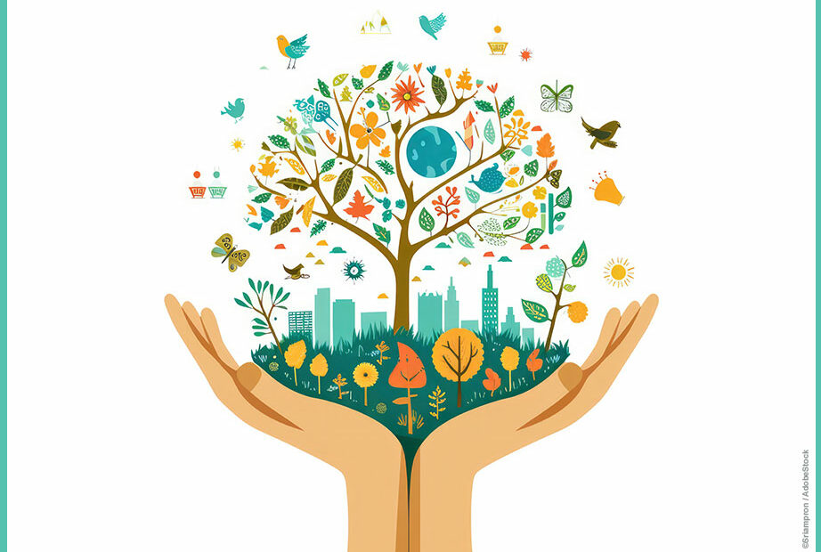 Symbolbild für Soziale Nachhaltigkeit. Ein blühender Baum wächst aus zwei ausgestreckten Handflächen.